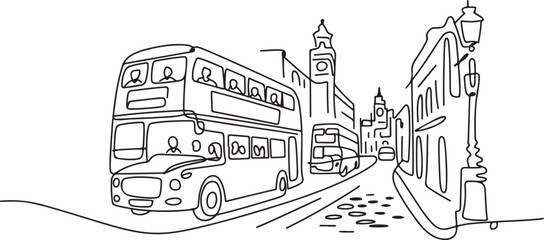 Naklejka premium Continuous one line drawing double decker buses take tourists around the city to enjoy old city tour package. A promising transportation business. one line Icon drawing