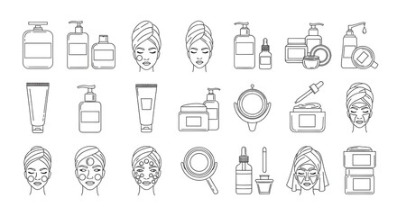 Fototapeta premium Skincare routine icons, beauty products, facial treatment, line art