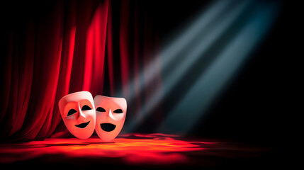 Theatrical comedy and tragedy masks on dramatic stage with red curtain and spotlight