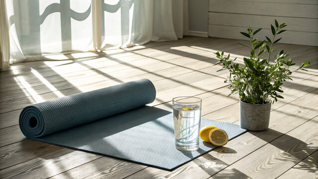 Peaceful home yoga studio setup featuring a rolled blue exercise mat on a sunlit wooden floor with a glass of lemon water and a potted green plant for wellness