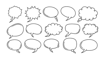 Fototapeta premium Dialogue Bubbles Variety: A collection of various hand-drawn dialogue bubbles, representing different shapes and styles for conveying thoughts and conversations.