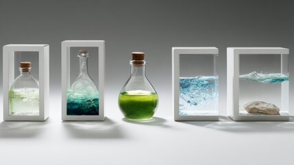 Laboratory glass flasks with colorful liquids display