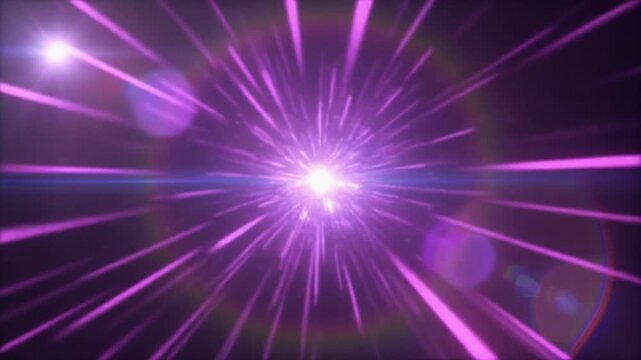 A vibrant purple light explosion with radiating lines and lens flares on a dark background for creative design use