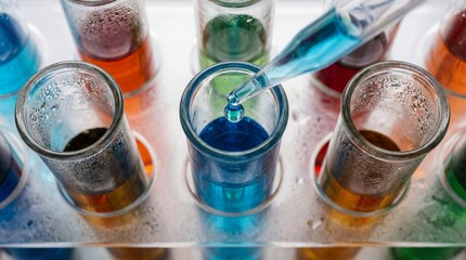 Top Down Macro of Laboratory Pipette Dropping Blue Liquid Into Clear Glass Test Tube Rack