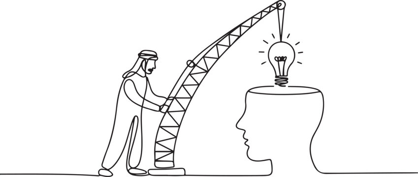 Single continuous line drawing Arab man controls crane inserts lightbulb into big open silhouette of a head. How to control the mind. National Creativity Day. one line Icon drawing