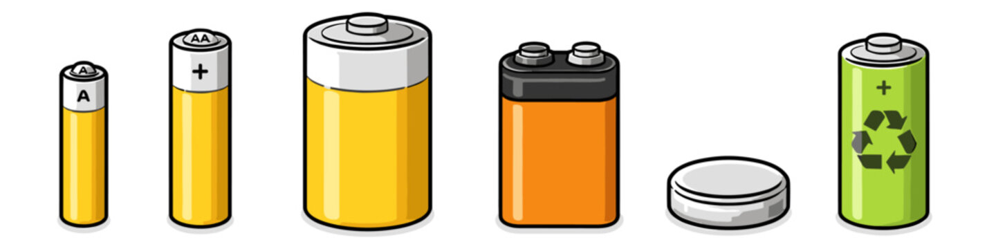 Collection of various battery types and sizes, including AA, AAA, 9V, and coin cells