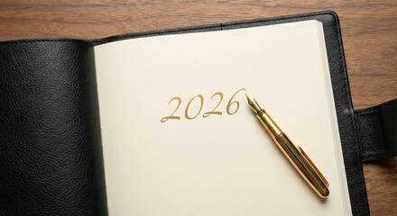 Open notebook on wood desk. Planning 2026 with golden pen.