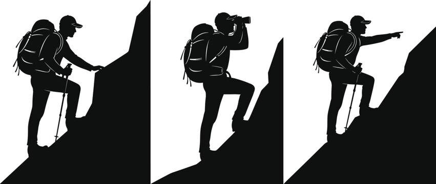 Black silhouette set of a male hiker with backpack and trekking poles climbing a steep mountain peak for outdoor adventure perseverance and achievement concepts