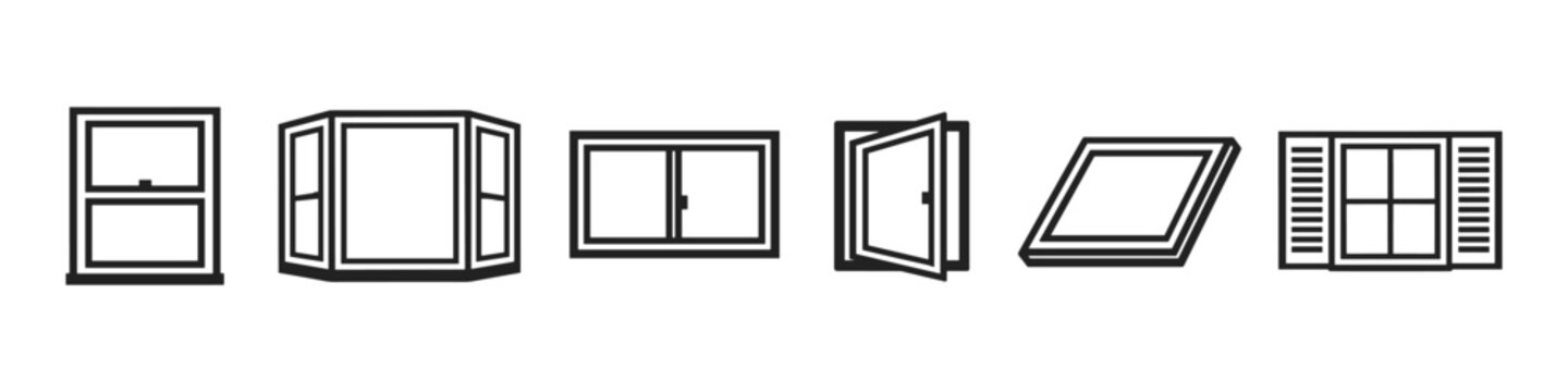 Collection of various window types and styles in a simple line art illustration
