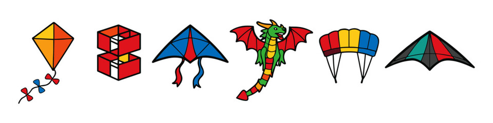 Obraz premium Collection of colorful cartoon kites and a dragon kite flying in the sky