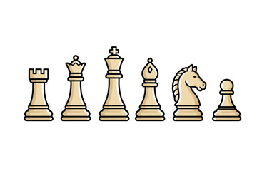 Set of classic chess pieces arranged in a line on a white background