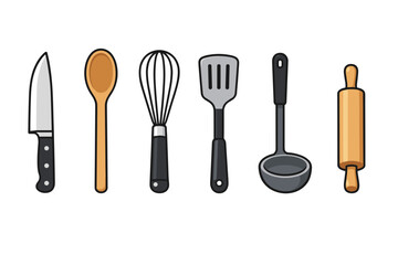 Collection of essential kitchen utensils for cooking and baking, illustrated in a clean style