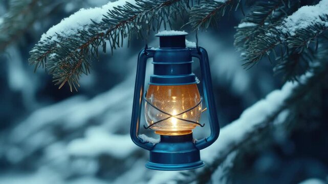 An orange glowing candle in a blue lantern hanging from a snowy tree branch.
