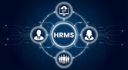 Obraz premium HRMS Human resources management system concept, software used for managing various HR functions and employees processes within an organization.NEW HRMS