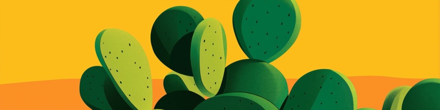 Nopal cactus pads growing with vibrant yellow background. Nopal cactus pads featuring simple graphic shape and casting shadow on yellow wall