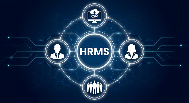 HRMS Human resources management system concept, software used for managing various HR functions and employees processes within an organization.NEW HRMS