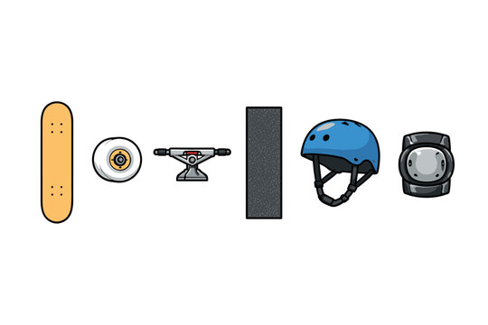 Skateboard parts and safety gear laid out in a row on a white background