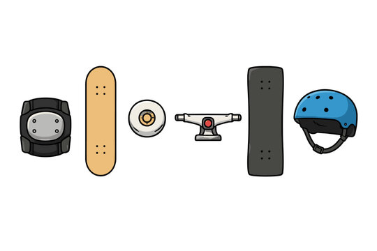 Skateboard parts and safety gear arranged in a line on a white background