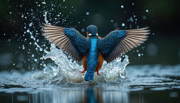 Kingfisher bird splashes water as it dives into river for fish. Bird wings spread wide, colorful feathers gleam. Nature wildlife scene, action shot.