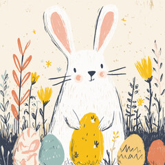 Happy Easter bunny finding colorful eggs in spring field banner. Cute bunny standing among pastel colored Easter eggs and stylized spring plants