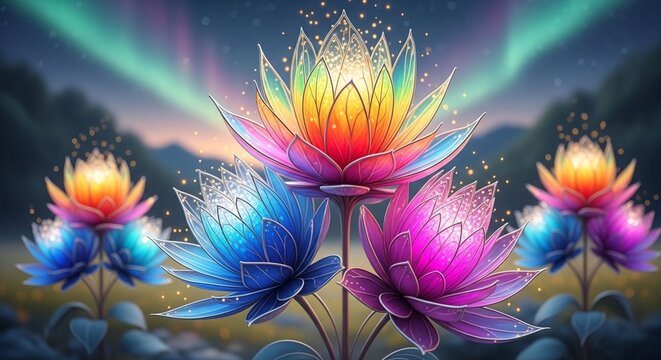 Vibrant Fantasy Lotus Flowers with Sparkling Light and Aurora Background