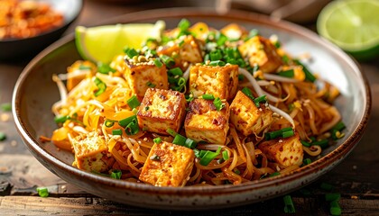 Fototapeta premium Delicious tofu and noodles in a bowl with lime and herbs on a wooden table
