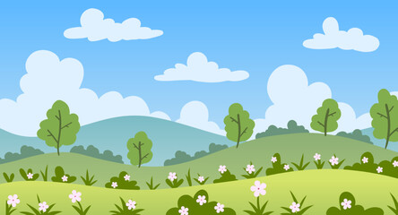 Obraz premium Cartoon Spring Landscape with Rolling Hills and Clouds
