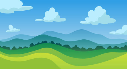 Obraz premium Cartoon Landscape with Rolling Green Hills and Blue Sky