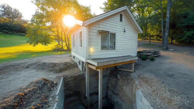 Small House Elevated on Concrete Piers with Sunset Light in Rural Yard During Residential Foundation Construction