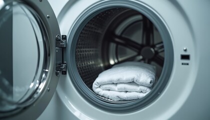 Obraz premium Open front load washing machine drum with folded white towel inside. Clean laundry appliance ready for wash cycle. Domestic chores and household tech.