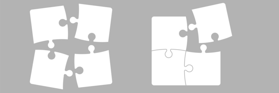 Set of two small jigsaw puzzles with four pieces each partially connected clean white outline design symbolizing teamwork collaboration problem solving and unfinished business process for infographic