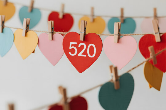 new 520 Colorful hearts with number 520 on string