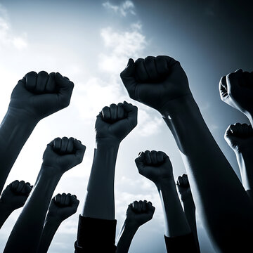 Many people with fists raised in the air in solidarity and protest under cloudy sky transparent background