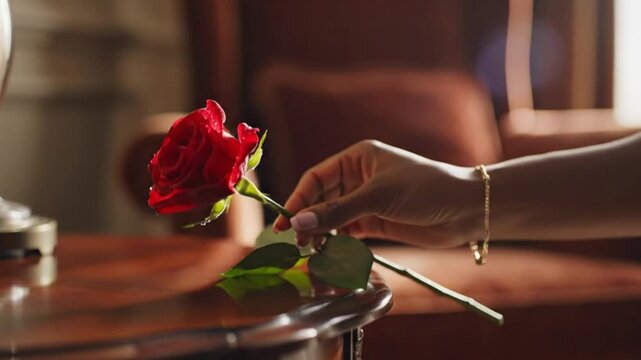 Close up of a red rose on a shiny table, held by a woman&acirc;&euro;&trade;s hand with a bracelet, with a blurred background