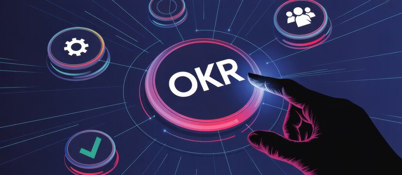 OKR button with hand interaction in futuristic digital interface with blue and pink neon lighting for business strategy.