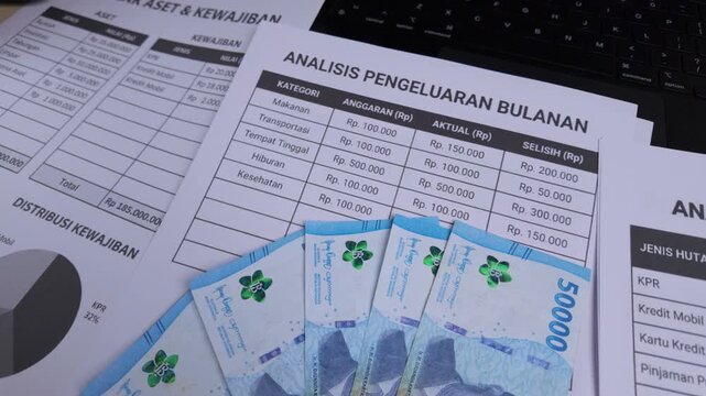 Close-up of Indonesian Rupiah Banknotes on Financial Documents
