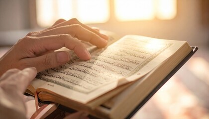 Fototapeta premium Close-up Of A Person Reading A Holy Book With Sunlight Streaming Through A Window