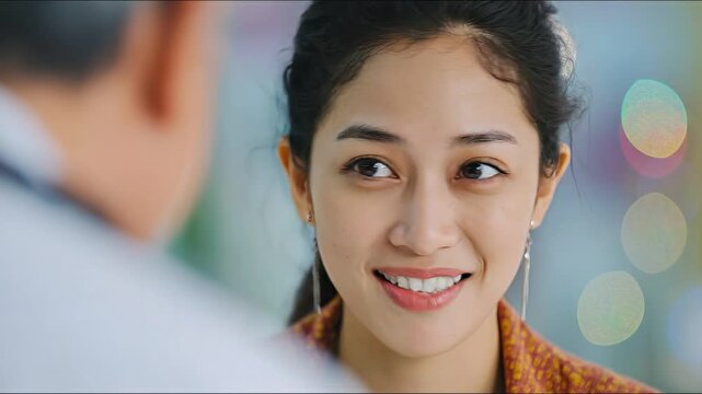Captivating young woman engaging in heartfelt conversation with a male speaker, showcasing emotions and sincerity in a professional environment