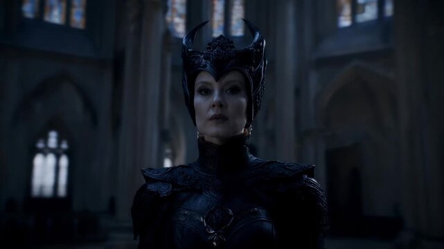 Mysterious woman in black horned costume standing in gothic castle hall with dramatic shadows and cold light. Dark fantasy and power concept