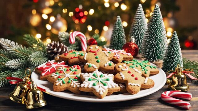 Christmas cookies on a plate surrounded by festive decorations and Christmas tree in the background