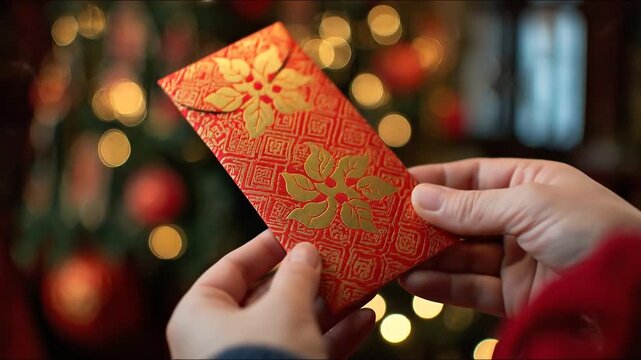 Close-up of hands holding a festive red envelope with gold floral patterns, bokeh Christmas tree background illuminating a warm holiday atmosphere