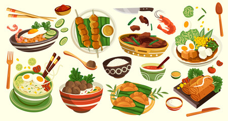 Indonesian Cuisine Original Food Elements Set Flat Illustration