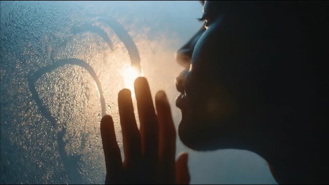 Silhouette of a person pressing hand against a foggy window, with soft backlighting creating a dreamy atmosphere