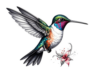 Fototapeta premium Colorful hummingbird in flight with vibrant iridescent plumage near delicate flower