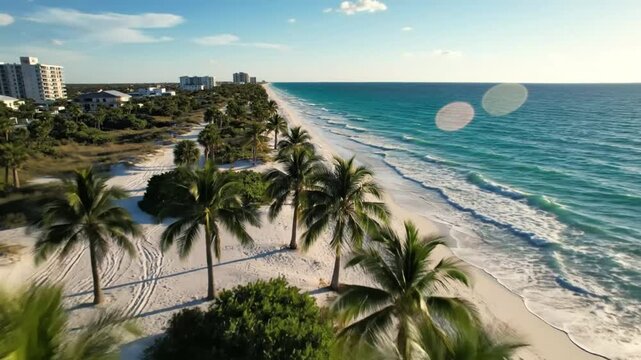 Aerial view of a pristine beach with palm trees and turquoise water under a blue sky, perfect for vacation and relaxation