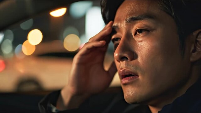 A young man with a pained expression sitting in a car with blurred city lights in the background, conveying stress and fatigue