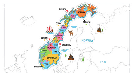 Vibrant cartoon map of Norway showcasing cities, counties, and distinctive landmarks