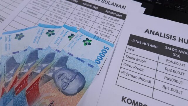Close-up of Indonesian Rupiah Banknotes on Financial Documents