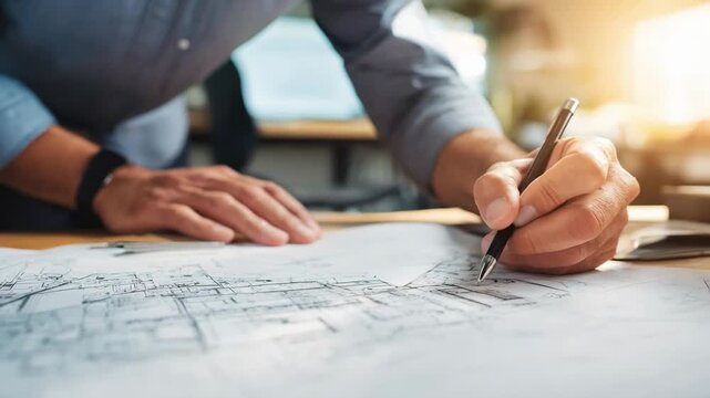 Architect consulting zoning maps and regulations to draft compliant property development plans respecting local land use laws.