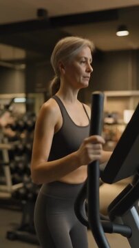 Woman exercising on stairmaster in a gym with weights in the background